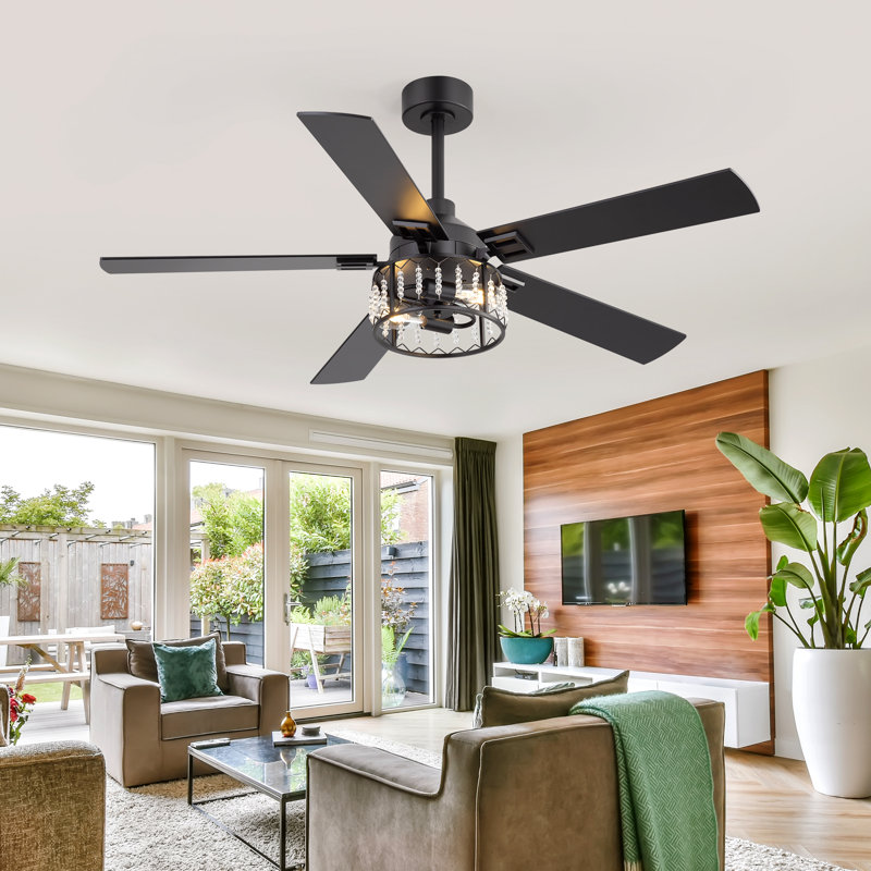 52" Crystal Ceiling Fan With Lights And Remote, Modern Black Ceiling Fan Chandelier With 5 Blades, Reversible Motor, Crystal Cage Light Fixture For Bedroom, Living Room, Dining Room