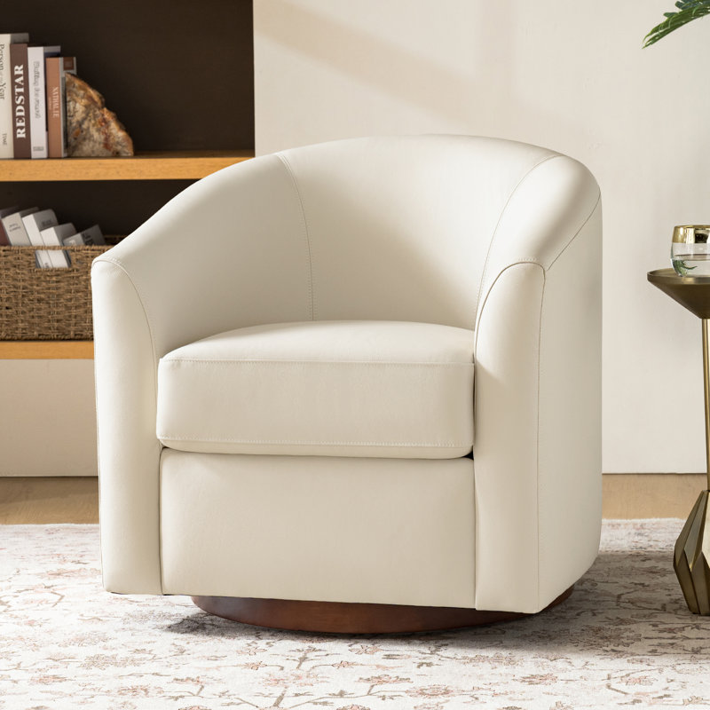 Amiir 30.5'' Wide Genuine Leather Swivel Barrel Chair With Solid Wood Base, Beige
