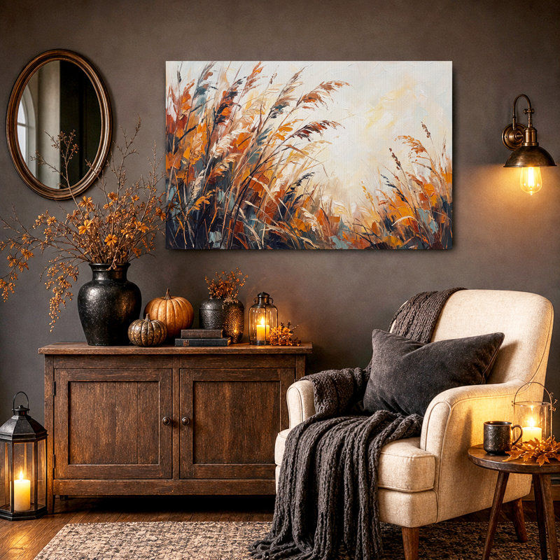 Art sur toile orange avec des herbes orange et empâtement, H 16 po x l 24 po