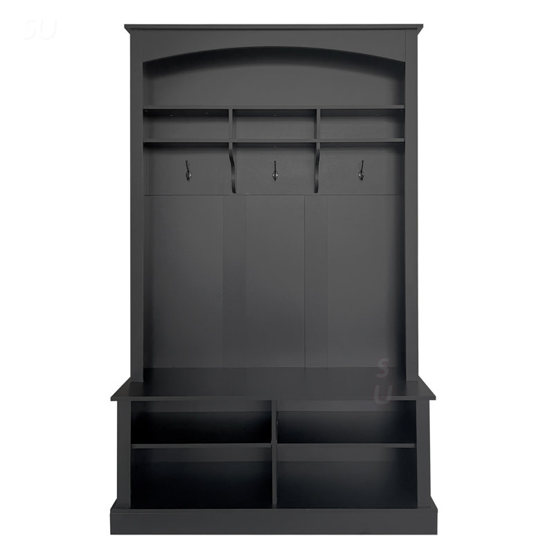 Arbre d'entrée de 47,2 po de largeur avec banc et rangement pour chaussures, rangement pour hall d'entrée multifonctionnel avec 3 crochets et tablettes réglables