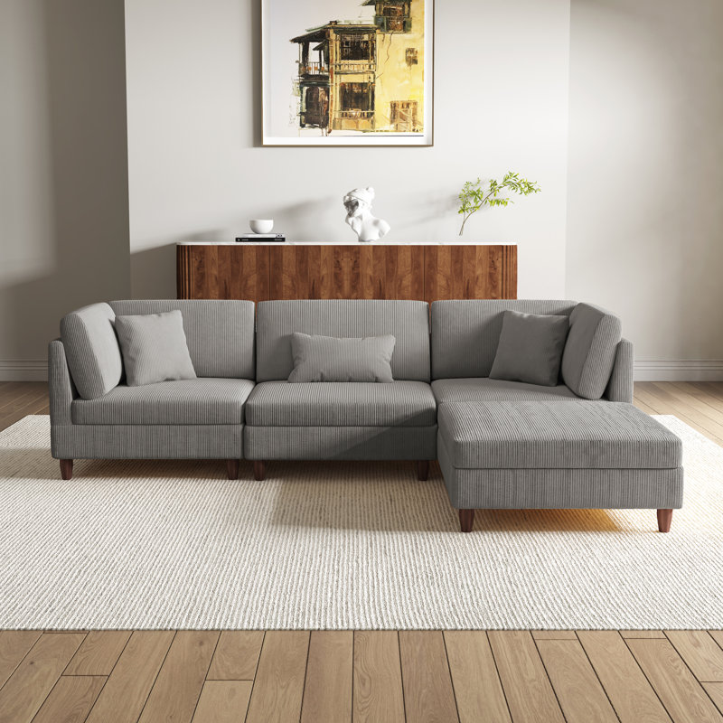 4 - Piece Upholstered Light Gray Corduroy Modular Sectional with Pillow Back and Removable Ottoman, Light Gray Corduroy