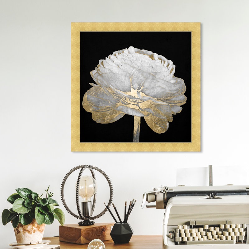 Or et lumière florale II - Peinture encadrée sur papier, H 14 po x l 14 po, Cadre doré