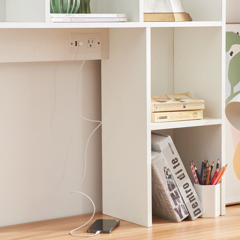 Classic Dorm Desk Bookshelf with Outlet - White