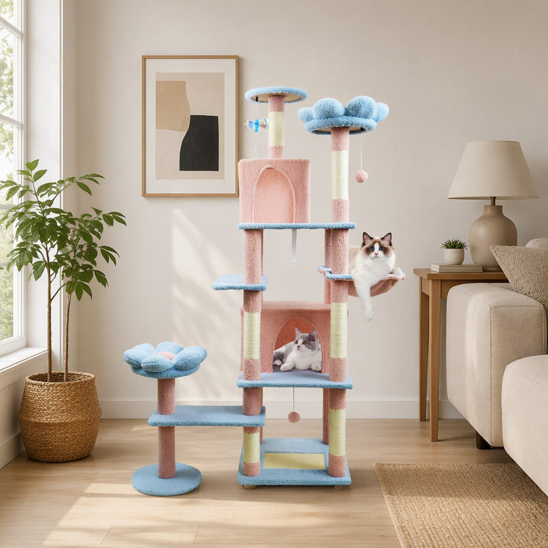 Arbre à chat 71 pouces avec grande maisonnette, coussin amovible et hamac pour grands chats, Blue