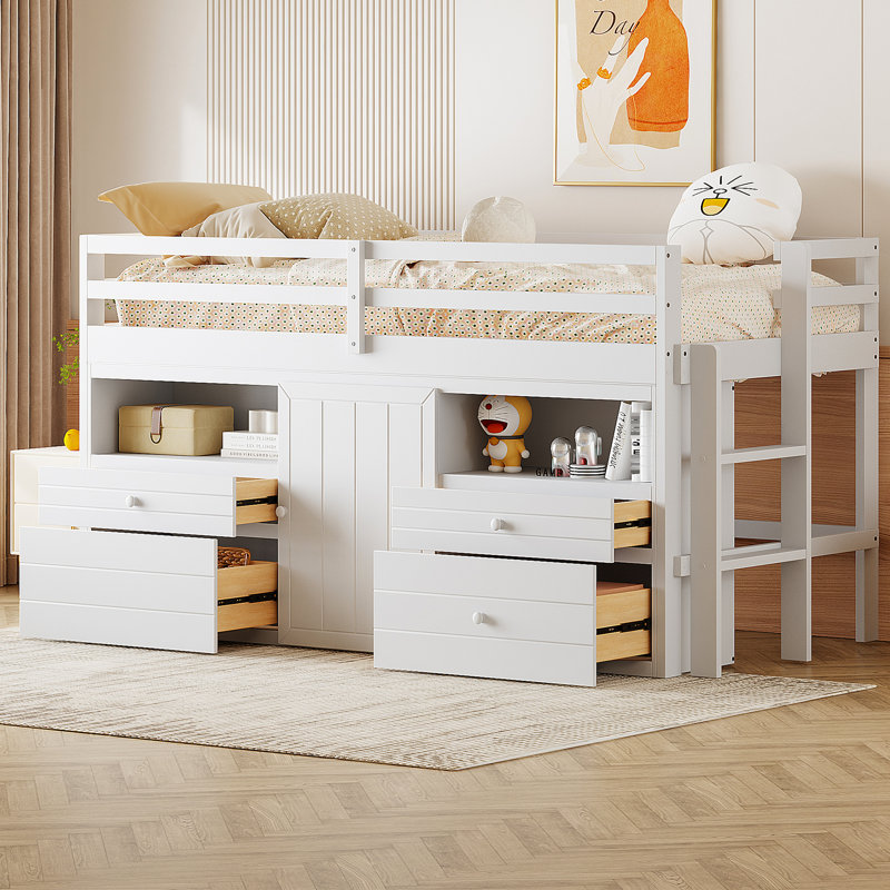 Lit mezzanine simple blanc avec 4 grands tiroirs, une armoire et des tablettes pour plus de rangement, Blanc