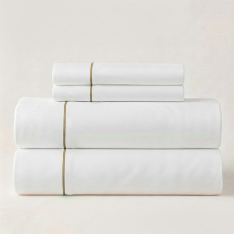 400TC Single Embroidery Sateen Solid Cotton 4 Piece Sheet Set Fitted Sheet Fits Upto 16" Deep Pocket, White/Taupe