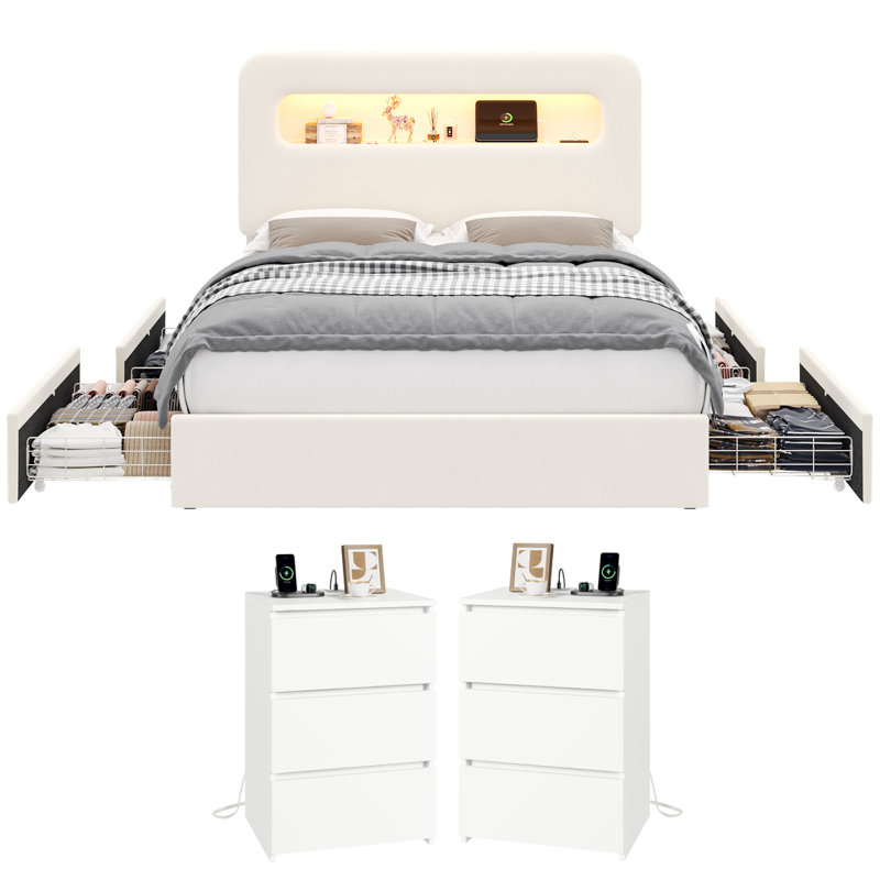 ON SALE 3-Piece Bedroom Sets, Storage Bed With Drawers & 3-Drawer Nightstands With Charging Port, White, Queen