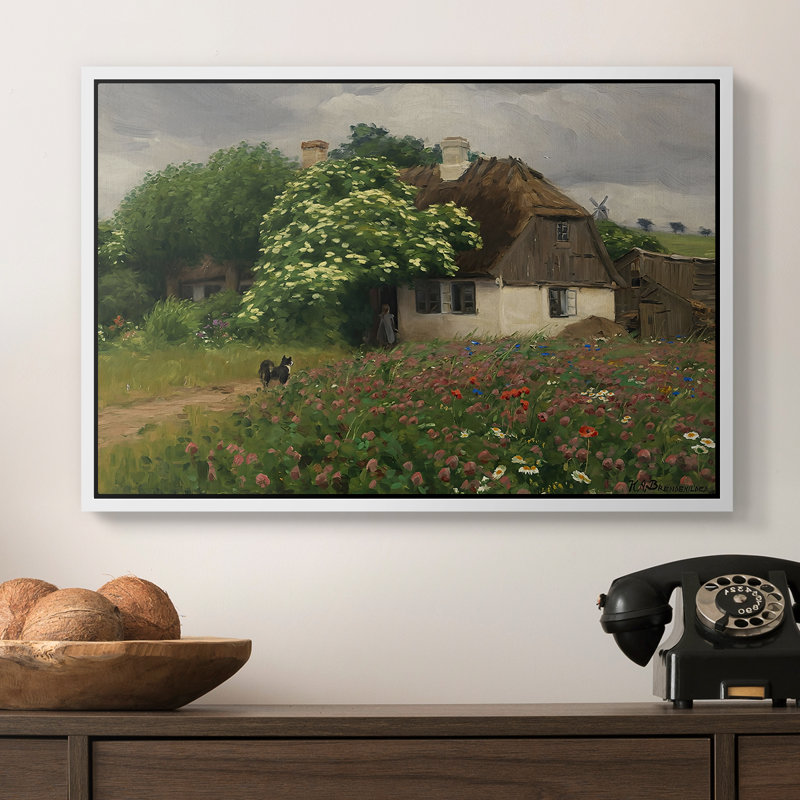 «Farmhouse with Meadow Flowers», 1909 - Hans Andersen Brendekilde, toile tendue avec châssis, 16 x 24, Blanc