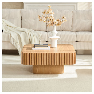 Table basse tambour moderne de 80 cm (31,5 po), table basse carrée en placage de bois avec détails en relief en bois massif, finition naturelle