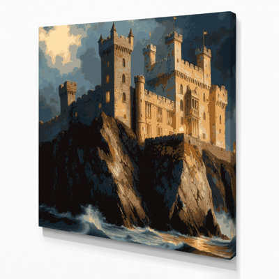 SciFi Medieval castle on cliff Black Canvas Wall Art