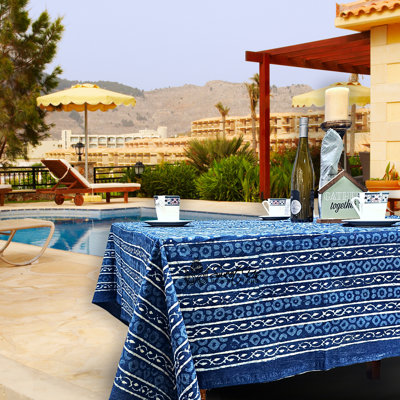 Cotton Floral Tablecloth Rectangle Indigo Blue