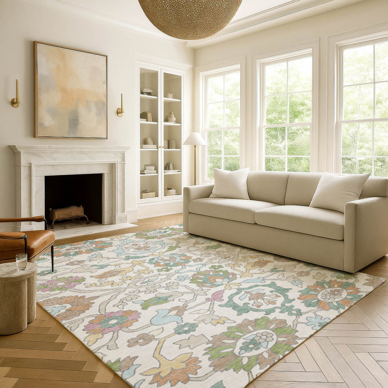 Machine Washable Indoor/Outdoor Chantille ACN2587 Floral Rug, Ivory, 5' x 7'6"