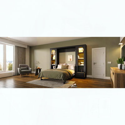 Queen Size Murphy Platform Bed with Shelf, Side Cabinets, Drawers and LED