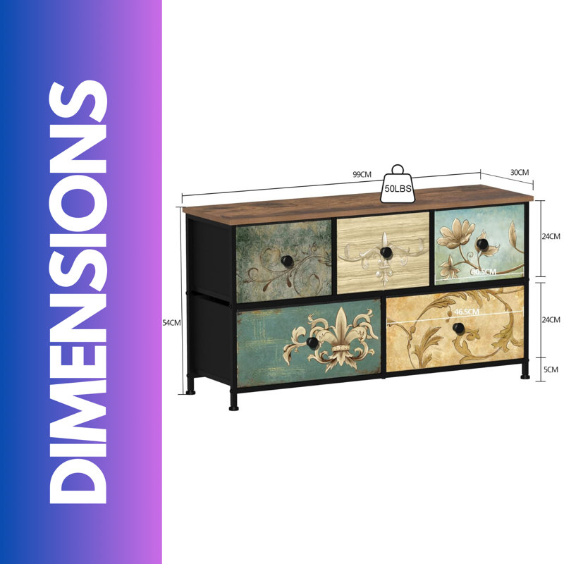 5 Fabric Drawer Bedroom Dresser With Floral Patterns Storage Organiser