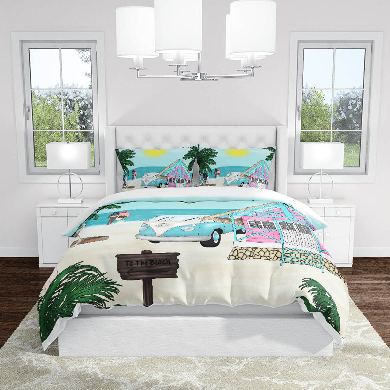  Ensemble de housse de couette Summer Beach Hippie Van, Housse de couette grand et 2 taies décoratives