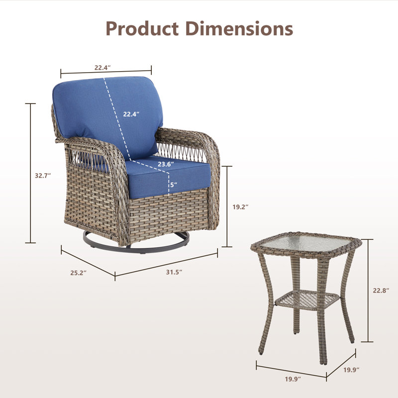 Ensemble de conversation pour patio en osier 6 pièces avec 4 chaises pivotantes et tables d'appoint, Bleu, Gris clair