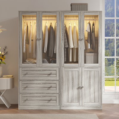 Wardrobe Closet With Drawers And Wardrobe Armoire With Closet Set, 75" Armoire With Smart Light And Hanging Rod, 4 Glass Doors Wooden Wardrobe Cabinet For Bedroom