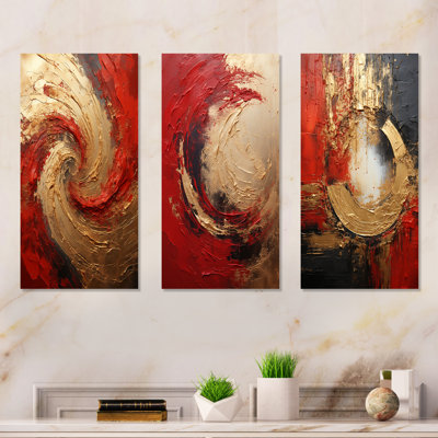Red Gold Fusion Spiral - Abstract Spirals Metal Art Print Set Of 3