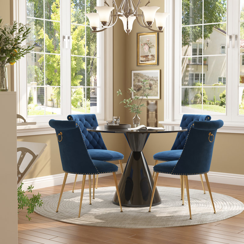 Magallanes 4-Person Round Table Velvet Chairs Dining Set, Black, Navy, Black