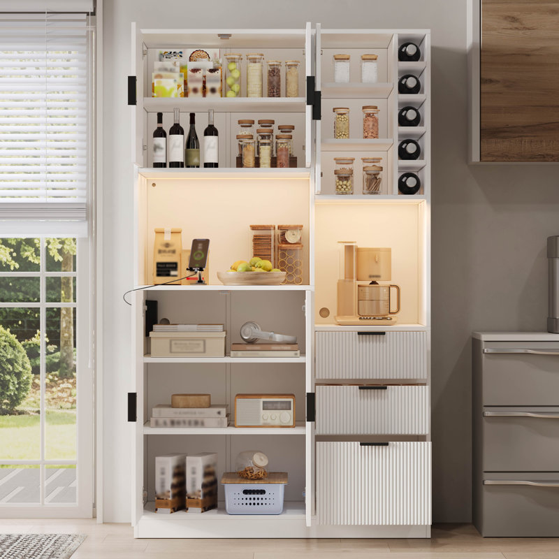 180 Cm Tall Kitchen Cabinet  With Led Lights, White