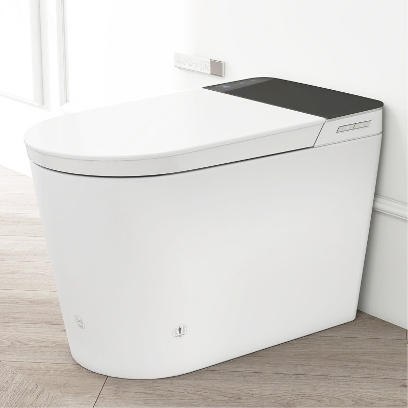 Toilette intelligente bidet avec fonction, couvercle à ouverture et fermeture automatique, siège chauffant, nettoyage et séchage à l'eau chaude, capteur de pied pour chasse d'eau, écran à DEL, télécommande, apparence blanche. Fontaine multiple
