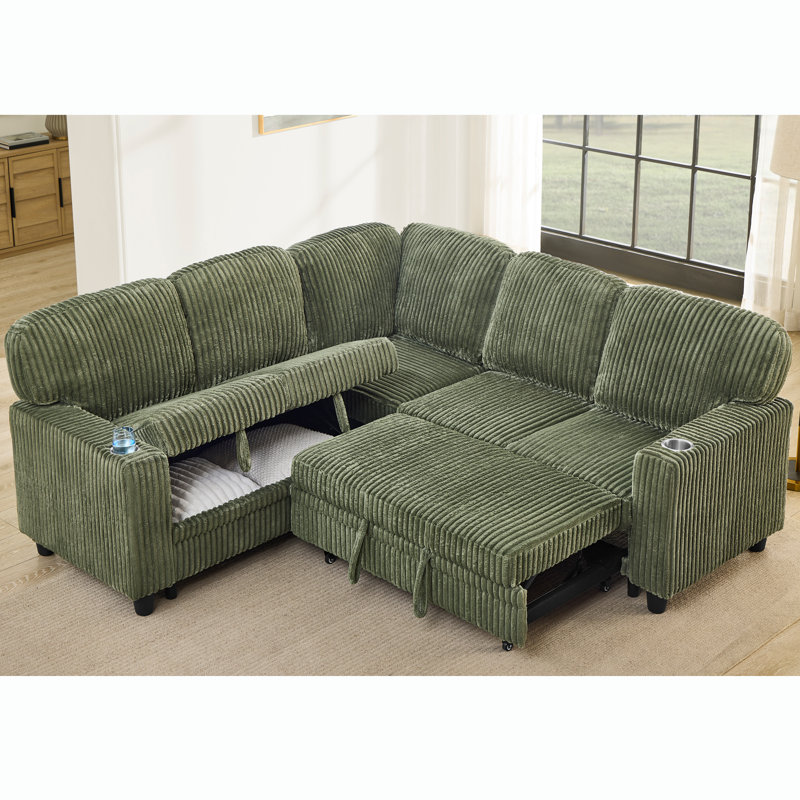 Canapé-lit modulaire en L 81 po avec lit escamotable, rangement et chargement USB, Velours côtelé vert olive
