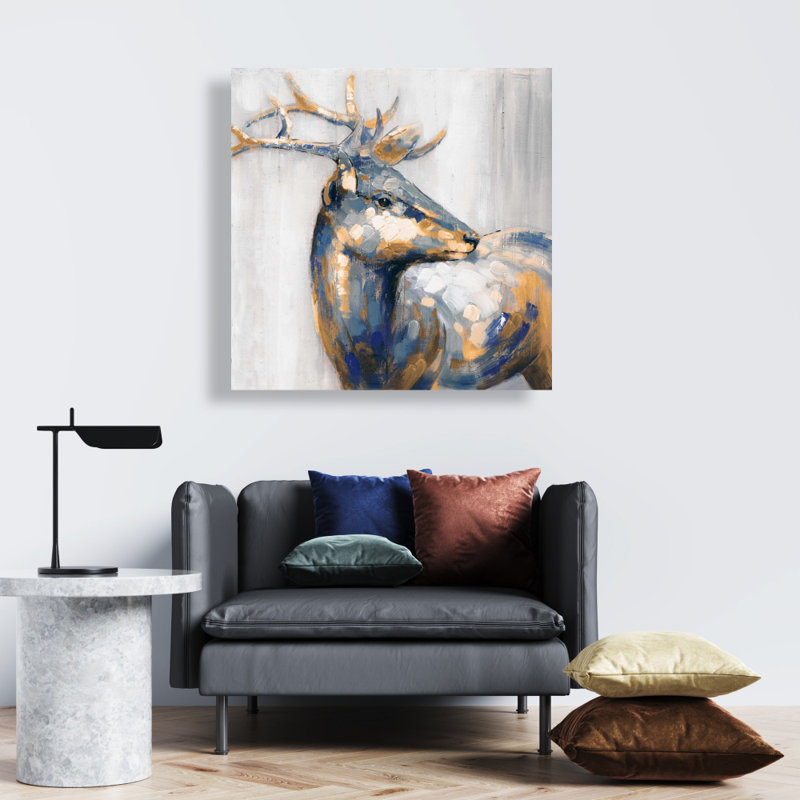 Cerf doré - toile bleue - décoration murale élégante