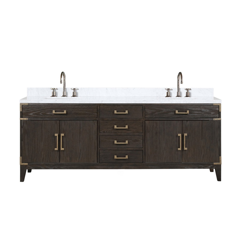 Meuble-lavabo double en chêne brun 84 po X P 22 po D, dessus en marbre de Carrare et ensemble de robinet, Chêne brun