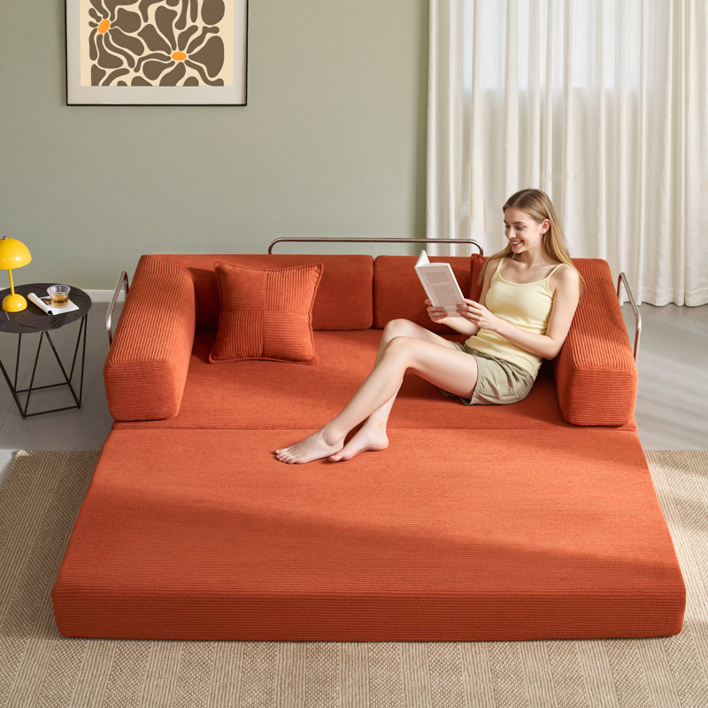 Folding Sofa Bed 200cm King Size, Convertible Modular Sofa, Corduroy Boneless Couch with Metal Frame, Orange Corduroy