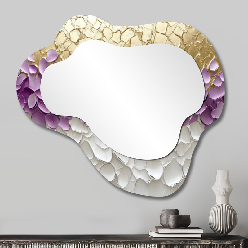 Lavande éclatée et pétales dorés dans le vent - miroir mural asymétrique abstrait, miroir de coiffeuse moderne, imprimé sur métal