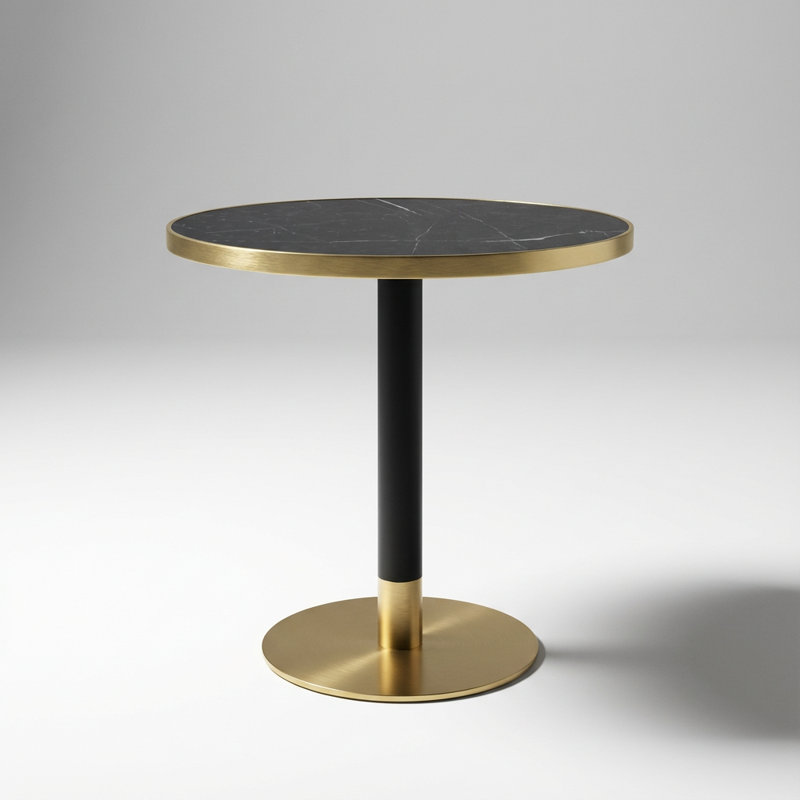 Modern Round Dining Table with Glossy Stone Top and Sturdy Metal Frame, Gold/Black, Gray