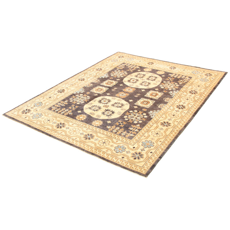 Tapis décoratif en laine Ivoire/gris en laine de conception unique 8 pi x 10 pi 2 po noué à la main New Age