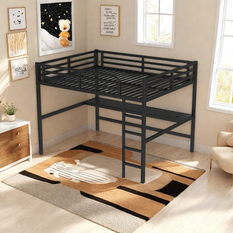 Lit mezzanine en métal avec bureau, station de charge USB et lumières DEL, conception peu encombrante avec garde-corps robustes, cadre de lit poste de travail avec certification de sécurité pour enfants et adolescents