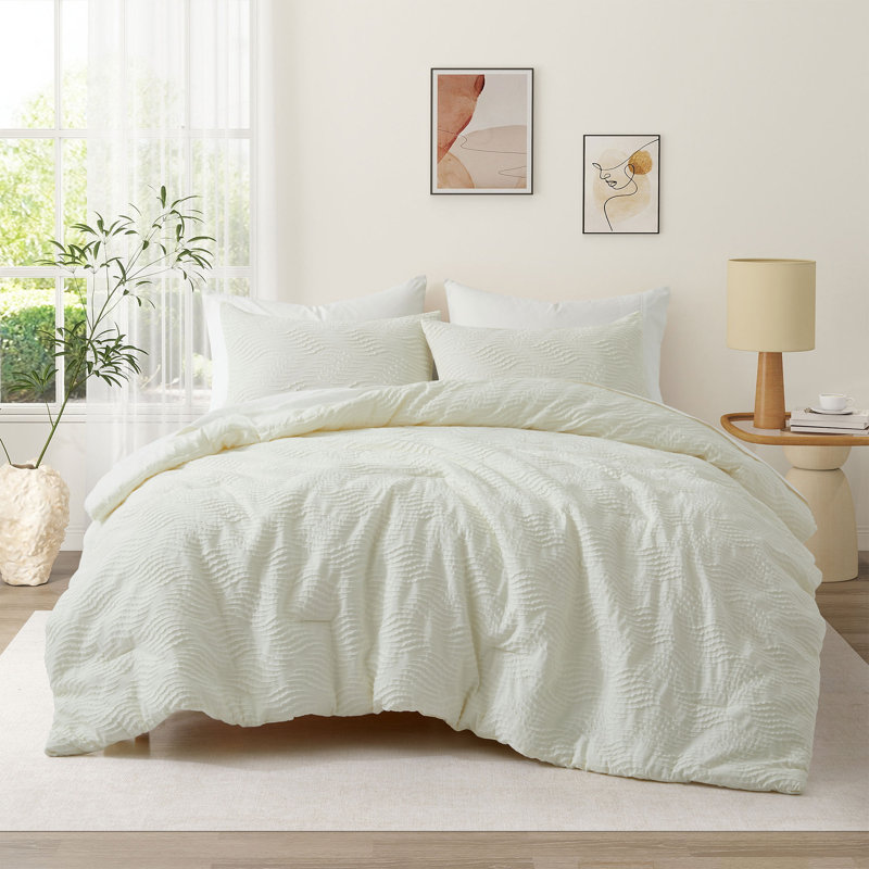2-Piece Embossed Plush Comforter Set with Matching Pillow Sham, Soft All-Season Textured Bedding, Twin, Cream