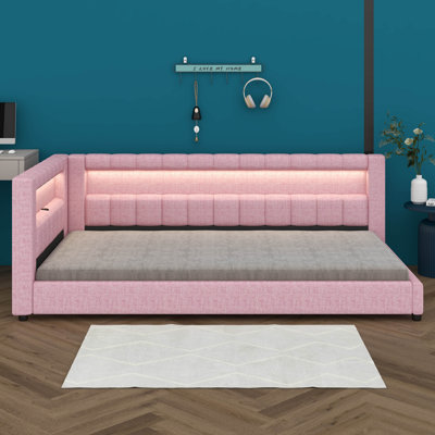 Upholstered Daybed With Storage, L-Shaped Daybed With LED Belt And USB Ports
