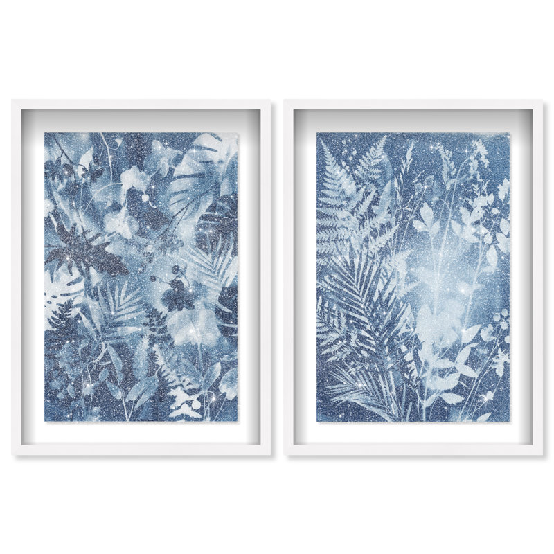 Blue Folliage Set Shadowbox Floral & Botanical Print by Oliver Gal, Black Frame, 10 x 15, 17.5"H x 25.5"W, White Shadowbox