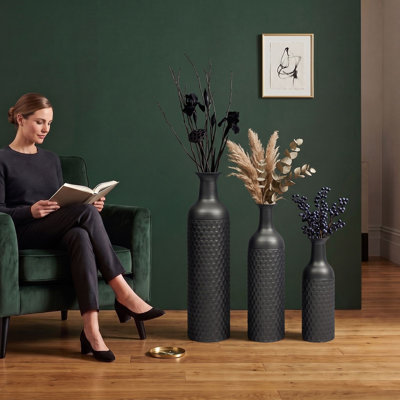 Ensemble de 3 vases de sol en métal blanc rétro en forme de nid d'abeille cylindrique texturé pour grand salon et chambre à coucher