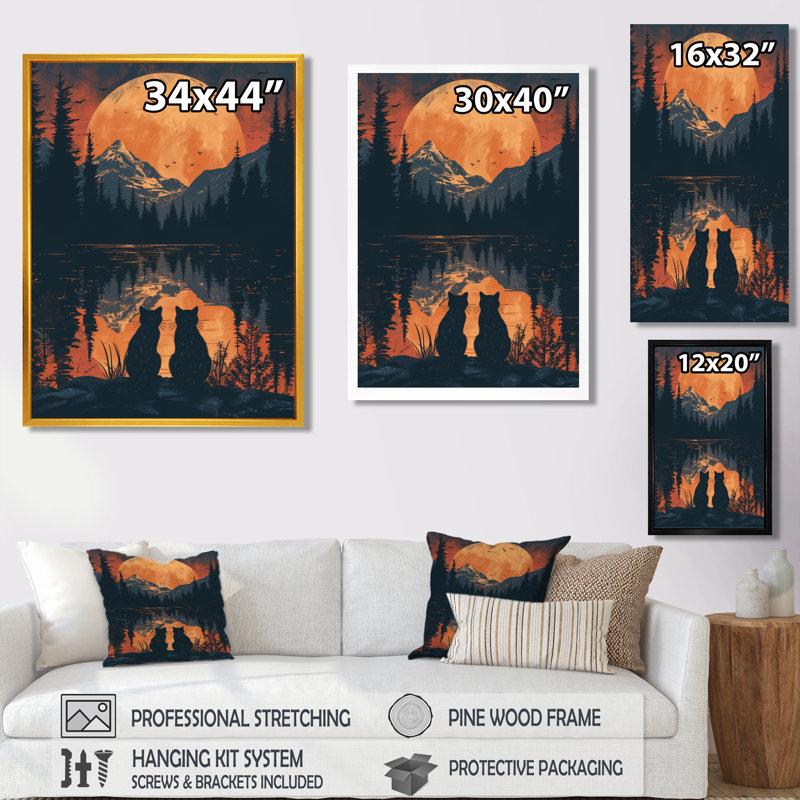 Reproduction d'art murale jaune, noir, été, lune, lac, coucher de soleil I, Toile tendue, H 34 po x l 44 po x P 1,5 po