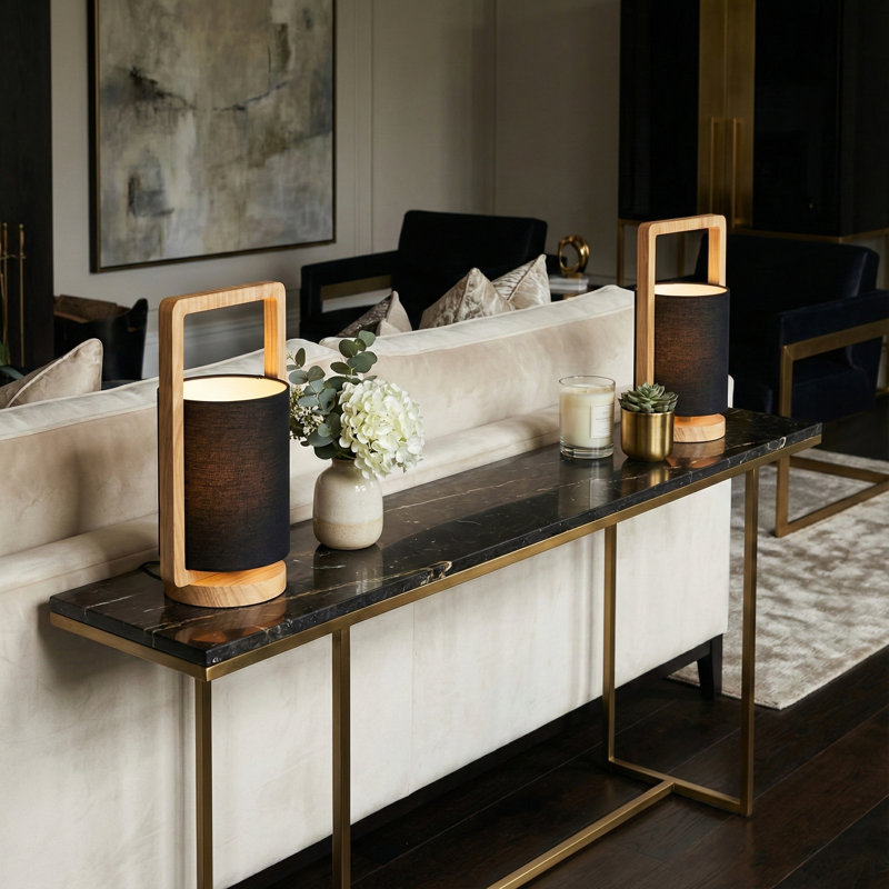 Wood Cylinder Table Lamps, Natural Wood Rustic Lighting Accent, Black