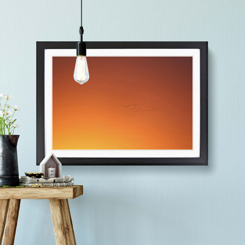 Birds in Flight During an Orange Sunrise - Picture Frame Photograph Print, 48cm H x 65cm W x 2cm D, Black Framed