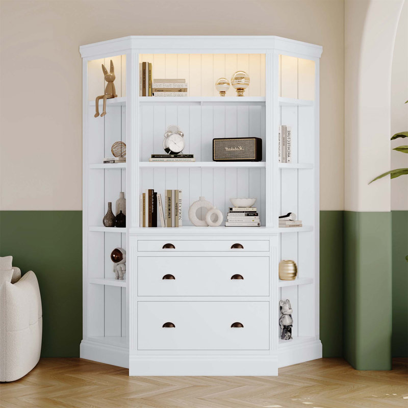 White Adjustable Corner Wood Bookcase Suite with LED Lighting