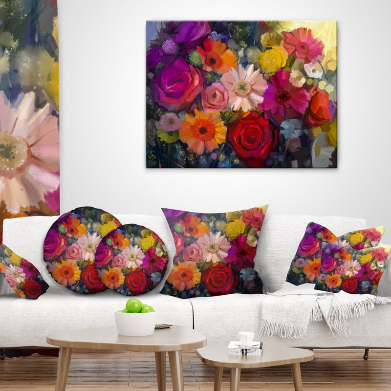 Bouquet de marguerites roses et de gerberas - Coussin décoratif à imprimé floral, 18 po x 18 po, Carré