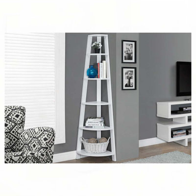Bookshelf, Bookcase, Etagere, Corner, 5 Tier, 72"h, Office, Bedroom, White Laminate, Contemporary, Modern