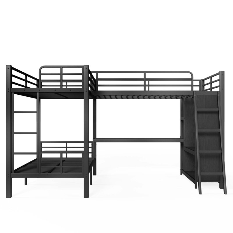 Lit superposé triple en L avec bureau intégré et garde-robe