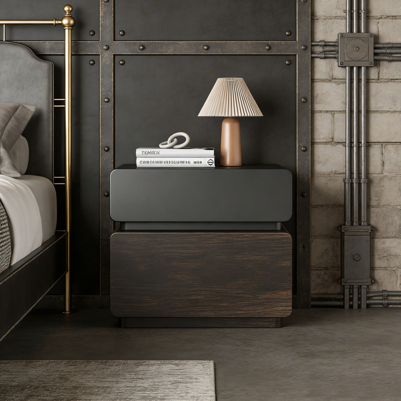 Table de chevet 19,68 po en bois massif moderne entièrement assemblée, table de chevet 2 tiroirs noyer et noir pour chambre à coucher et petits espaces