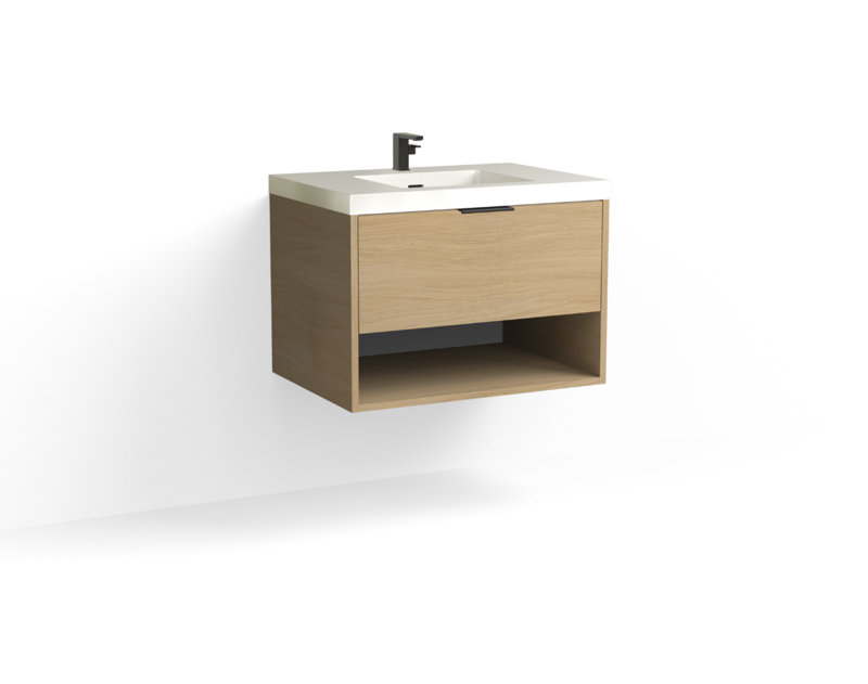 Modo 30" W Wall Mounted Single Bathroom Vanity, Glossy White/8" Widespread, Biondo, Polished Nickel