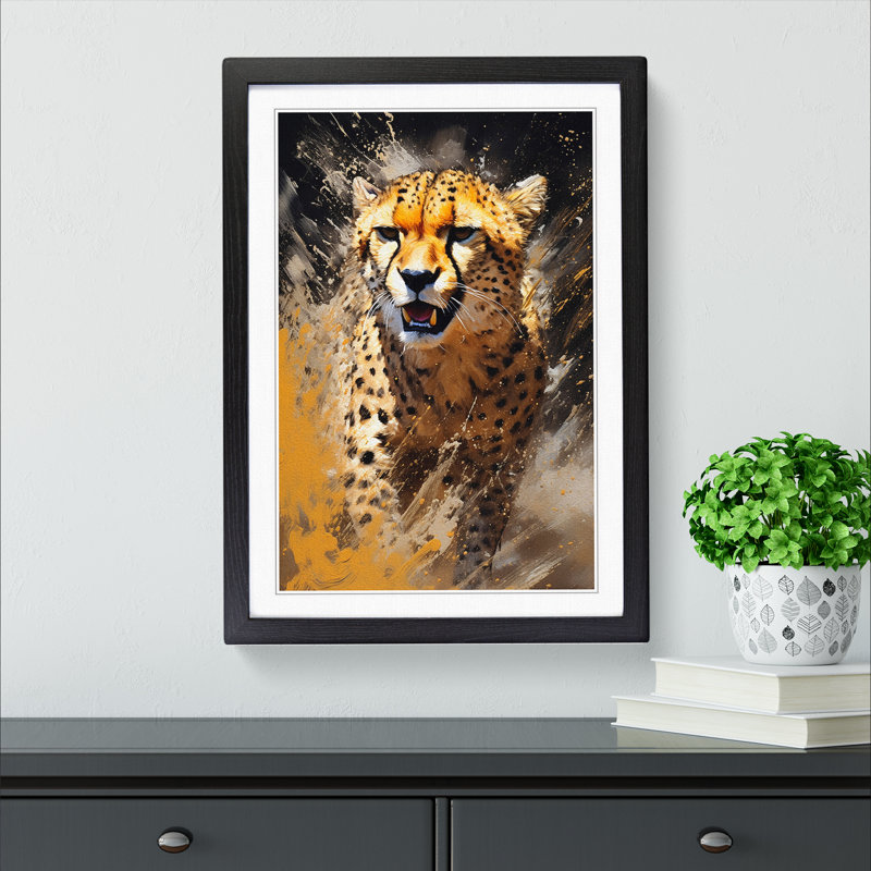 Cheetah Action - Single Picture Frame Print on Wood, 64cm H x 46cm W x 2cm D, Black Framed