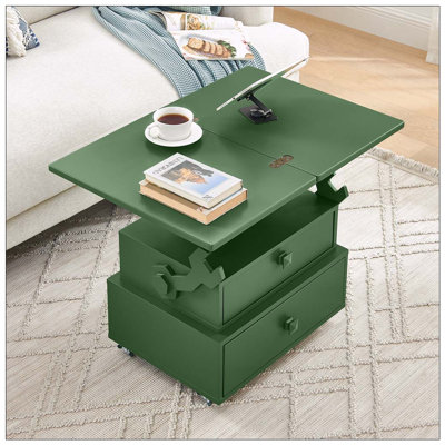 High-Gloss Lacquered Adjustable Height Rolling End Table with Charging Station&Universal Wheels with Brakes, Multi-functional Lift Top Table with Storage Drawers