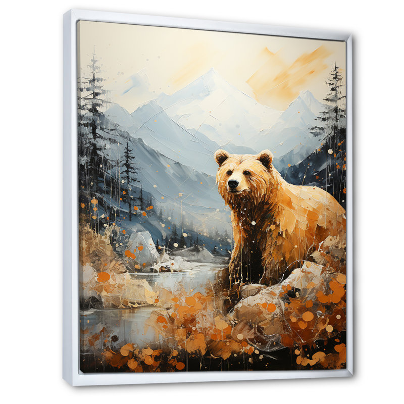 «Majestic Mountain and Bear», reproduction sur toile, Cadre flottant blanc, H 32 po x l 24 po x P 1 po