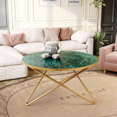 Table de bout ronde 31,49 po avec plateau en faux marbre moderne pour le salon ou le bureau